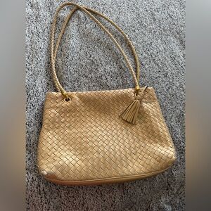 Bottega Veneta Vintage Gold Woven Intrecciato Leather Double Strap Bag authentic